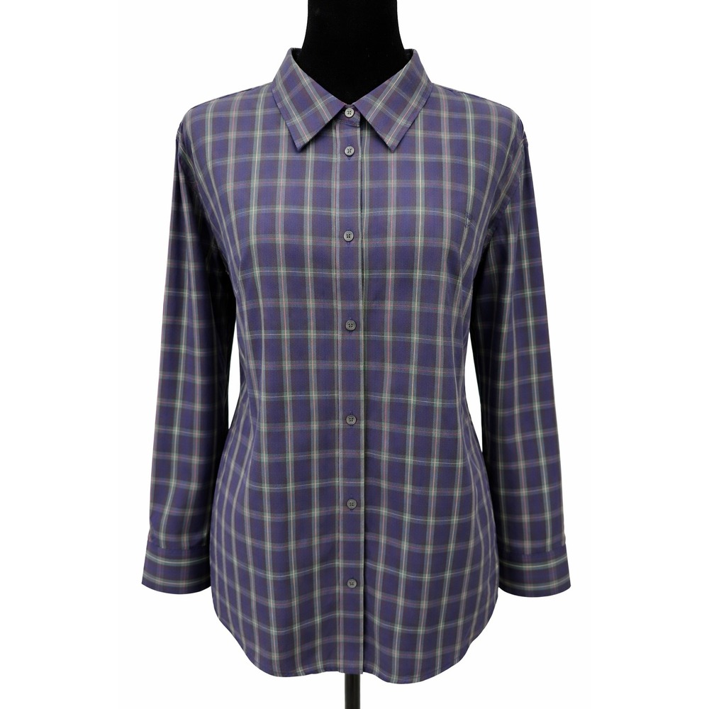 Chaps Woman Womens Collared Button Up Blouse Size 3X Navy Blue Plaid Cotton